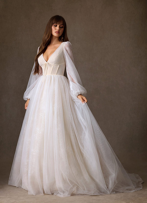 Azazie Cressida Diamond White Champagne Ball-Gown Lace Tulle Dress