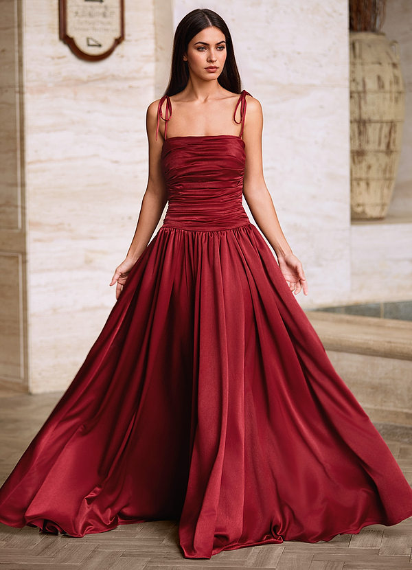 Luxa Burgundy Square Neckline Pleated Prom Dress image1