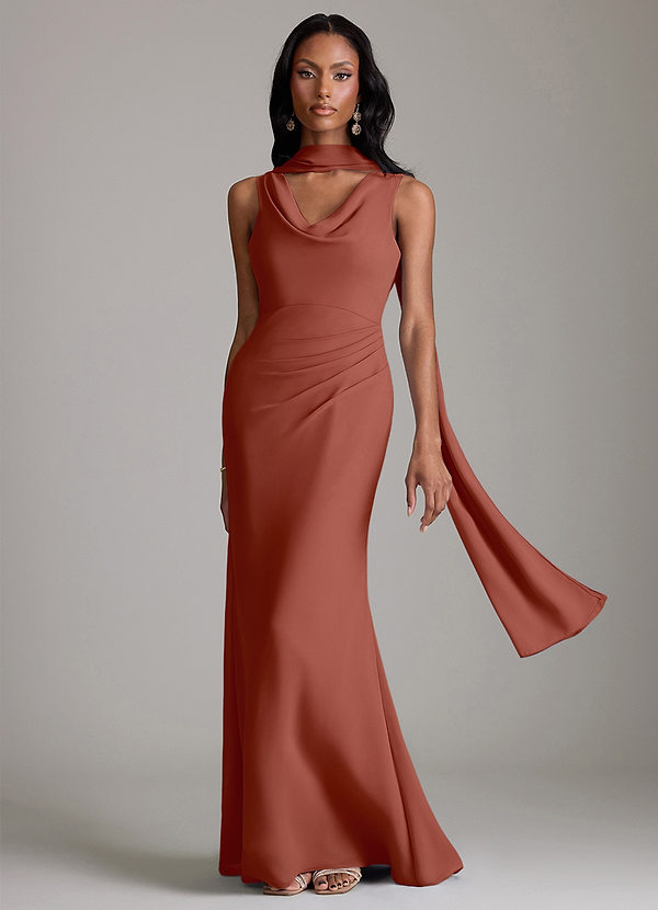 Azazie Linelle Robes Demoiselle d'honneur Robe Sirène en Mousseline de soie Plissée Auburn image1