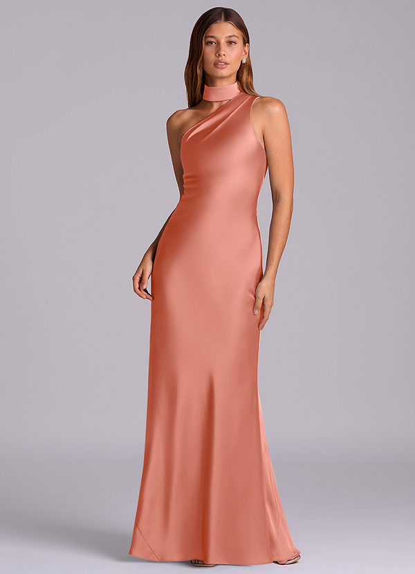 Azazie Seona Vestidos de Dama de Honor Vestido Rosa Salmão de Cetim elástico de sereia com Ombro Único image1