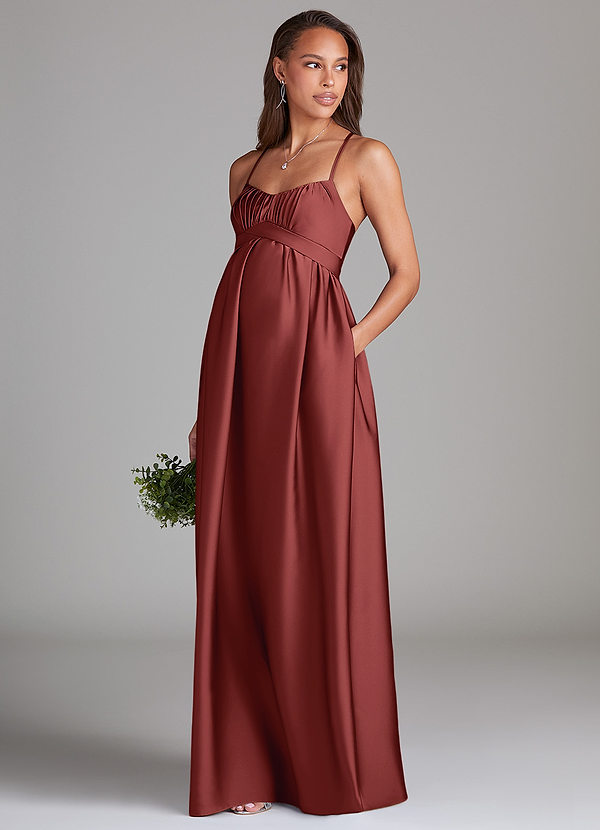 Azazie Llana Vestidos de Dama de Honor para Grávidas Vestido Linha A com Bolsos Comprimento do chão Cetim elástico image1