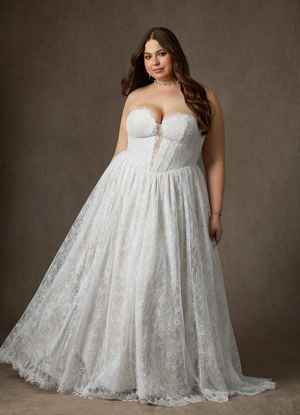 Azazie Lorena Wedding Dresses Diamond White A-Line Strapless Lace Dress image1