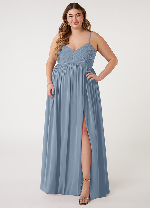 Azazie Alia Bridesmaid Dresses Dusty Blue A-Line Pleated Chiffon Dress image1