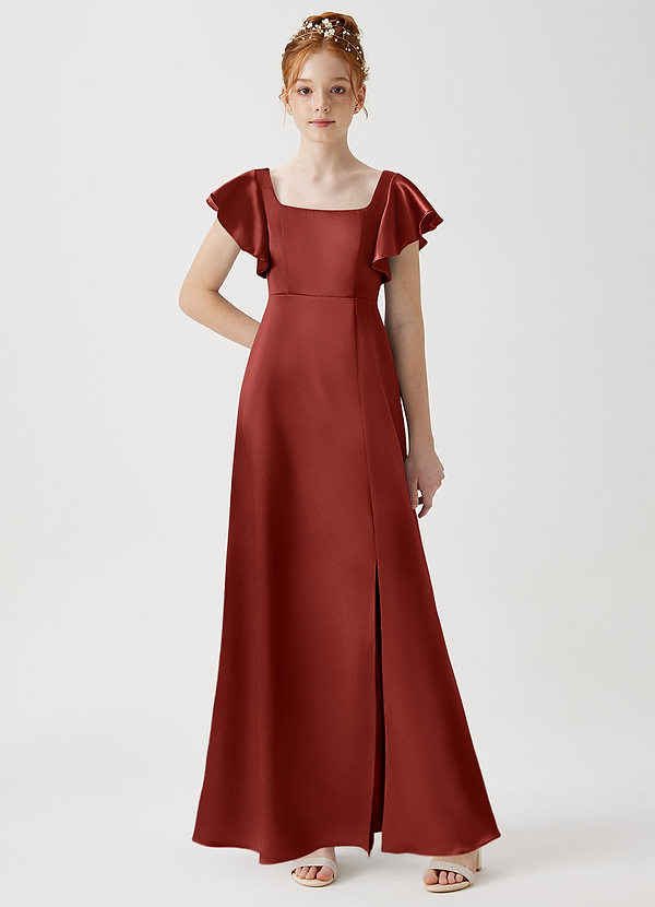 Azazie Bondi Junior Terracotta A-Line Side Slit Metallic Satin Dress image1
