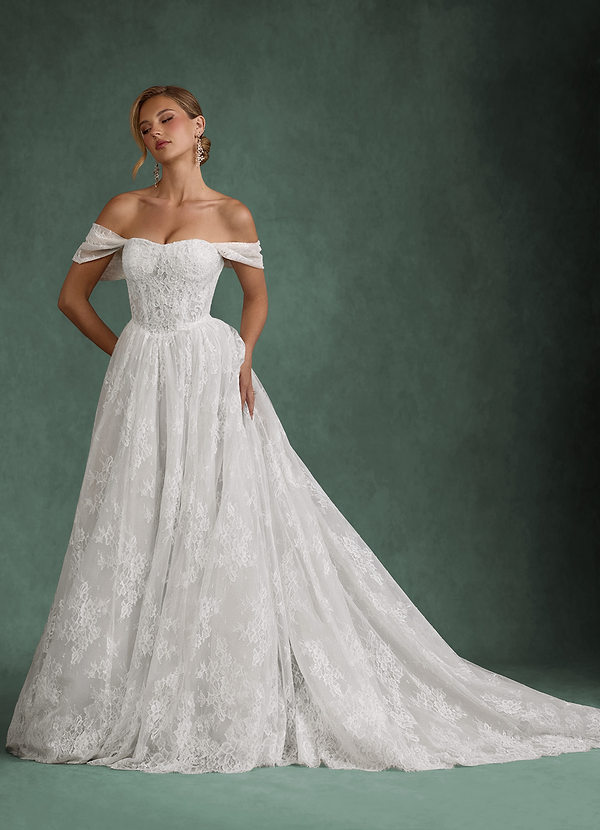 Azazie Justice Wedding Dresses Diamond White Ball-Gown Off the Shoulder Lace Dress image1