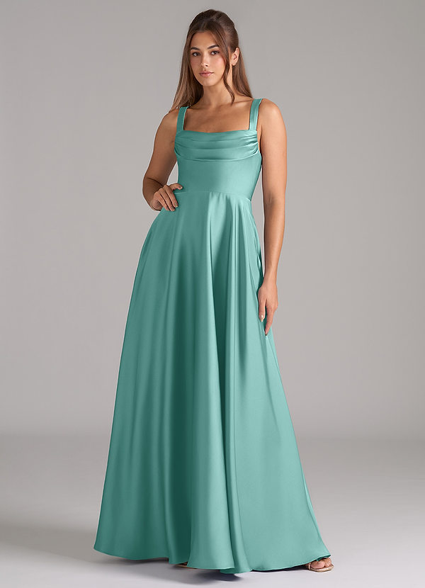 Azazie Shaude Bridesmaid Dresses Aqua A-Line Pleated Stretch Satin Dress image1