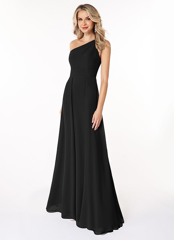 Azazie Dallas Bridesmaid Dresses Black A-Line One Shoulder Chiffon Dress image1