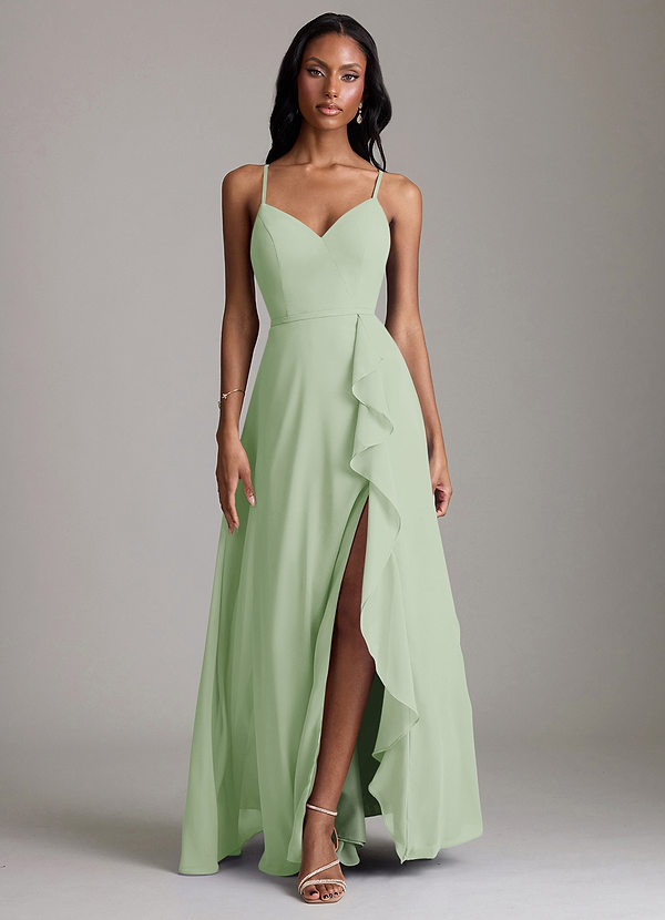 Azazie Naeem Bridesmaid Dresses Dusty Sage A-Line V-Neck Ruffle Chiffon Dress image1