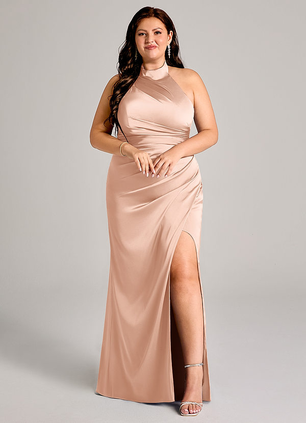 Azazie Jemma Bridesmaid Dresses Rose Gold Sheath Pleated Stretch Satin Dress image1