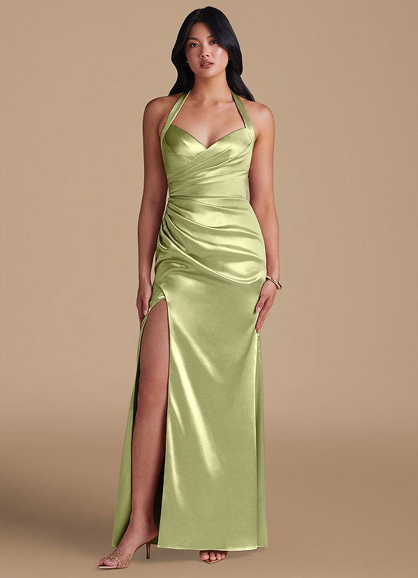Azazie Emeria Bridesmaid Dresses Pistachio Sheath Side Slit Metallic Satin Dress image1