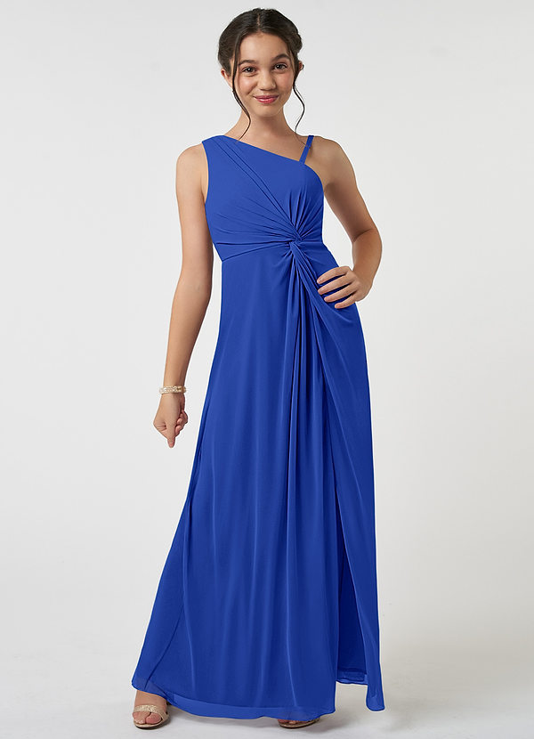 Azazie Brooke Junior Abito A-Line in Maglia Plissettato Blu Reale image1