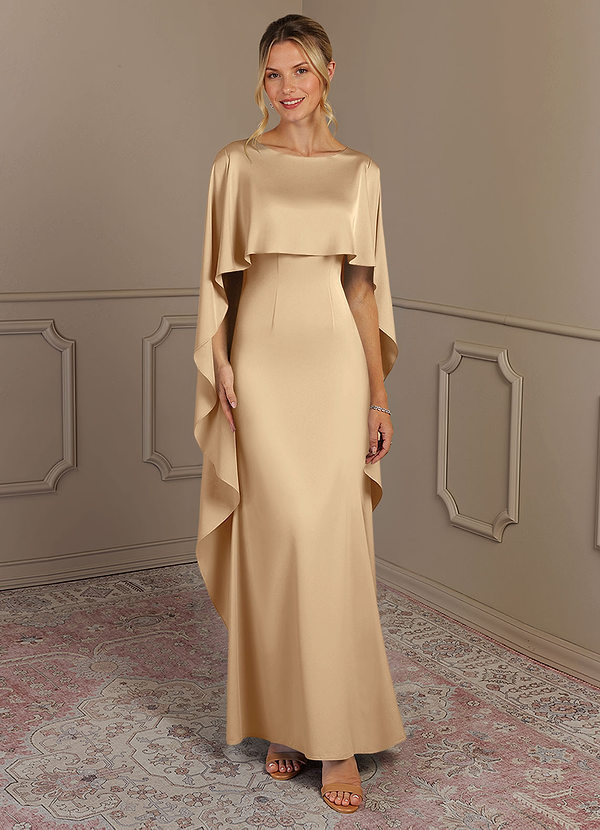 Azazie Eli Mother of the Brides Dresses Champagne Sheath Boatneck Stretch Satin Dress image1