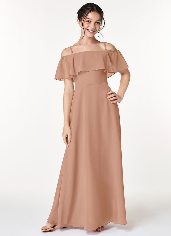 Azazie Maggie Junior Champagne Rose A-Line Off the Shoulder Chiffon Dress image1