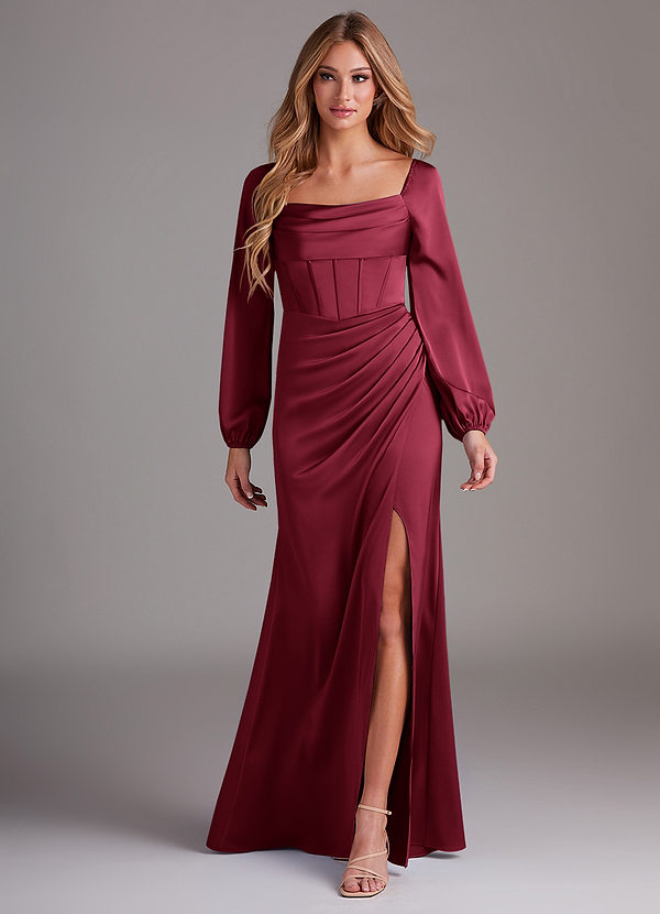 Azazie Charissa Bridesmaid Dresses Burgundy Sheath Long Sleeve Stretch Satin Dress image1