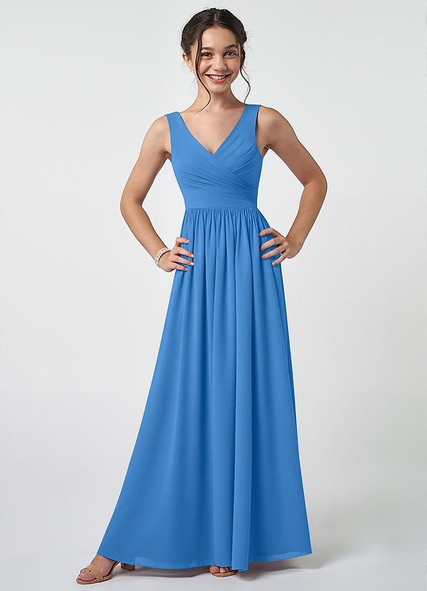 Azazie Keyla Junior Abito A-Line in Chiffon Plissettato Blue Jay image1