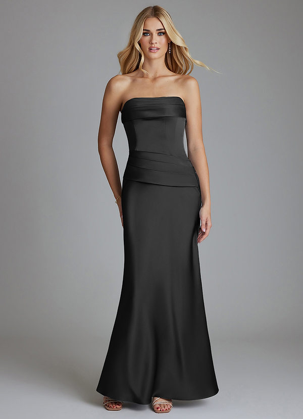 Azazie Lenya Bridesmaid Dresses Black Sheath Pleated Stretch Satin Dress image1
