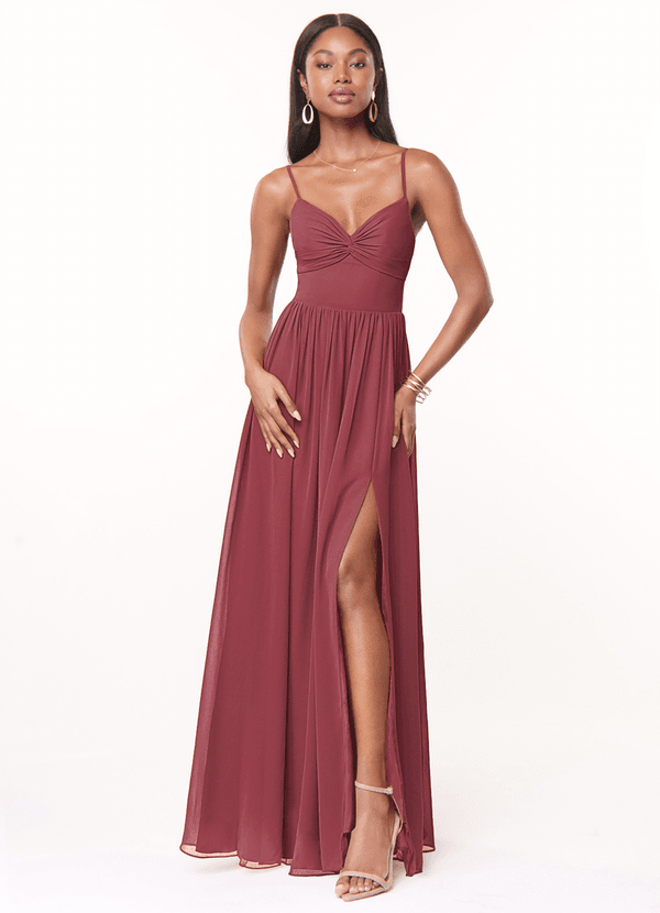 Azazie Zeya Bridesmaid Dresses Merlot A-Line V-Neck Pleated Chiffon Dress image1