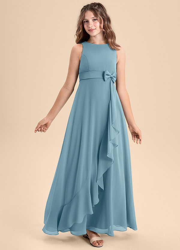 Azazie Lilenne Junior Vestido de Azul Malhumorado de Gasa de Corte En A con Lazo image1