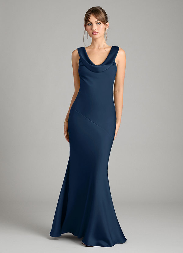 Azazie Rylina Bridesmaid Dresses Dark Navy Mermaid Stretch Satin Dress image1
