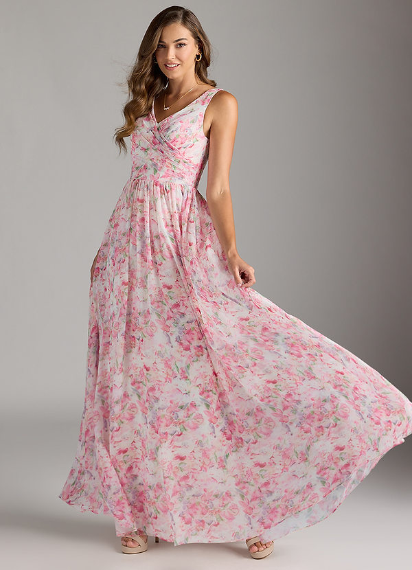 Azazie Keyla Bridesmaid Dresses Abstract Watercolor Floral A-Line V-Neck Pleated Chiffon Dress image1