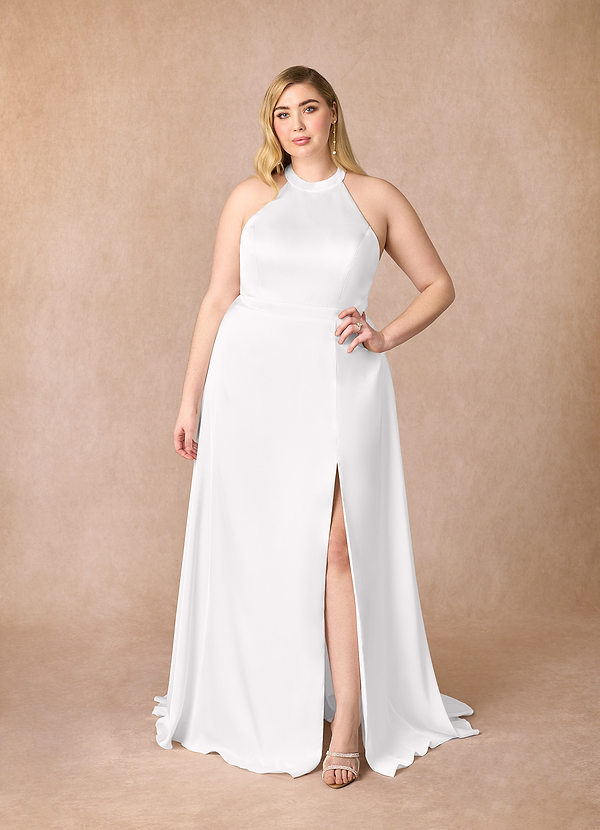 Azazie Sian Wedding Dresses Diamond White A-Line Side Slit Stretch Satin Dress image1
