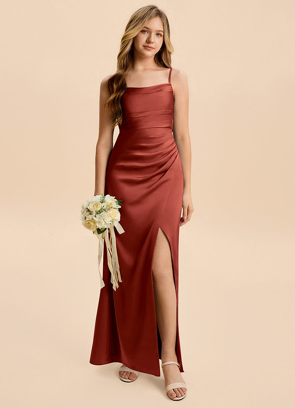 Azazie Minnie Junior Terracotta Sheath Ruched Stretch Satin Dress image1