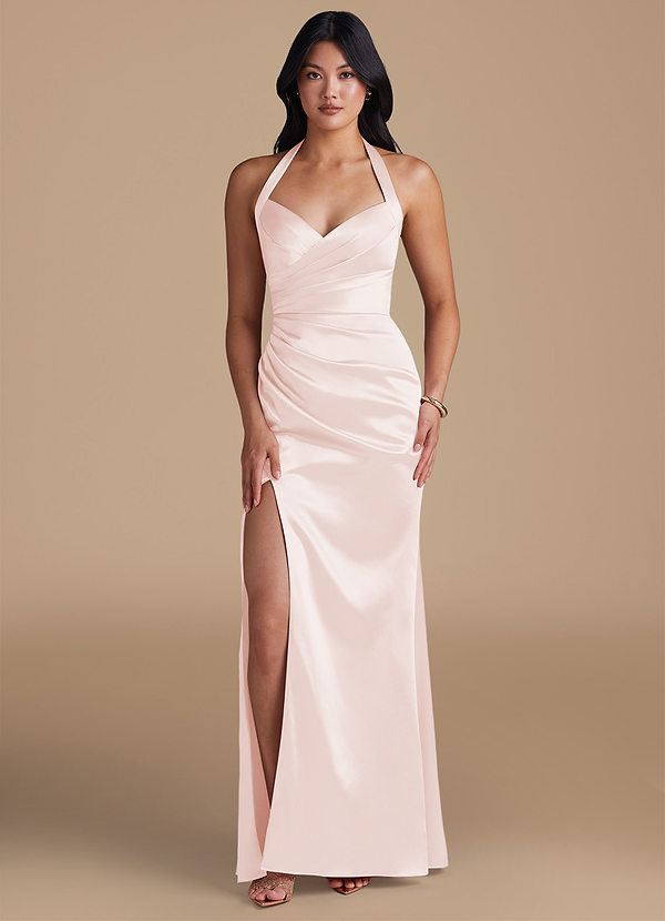 Azazie Emeria Bridesmaid Dresses Rose Gold Sheath Side Slit Metallic Satin Dress image1