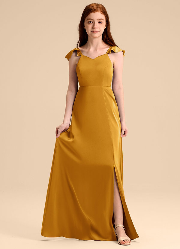 Azazie Everett Junior Vestido de Caramelo de Satén Elástico de Corte en A con Lazo image1