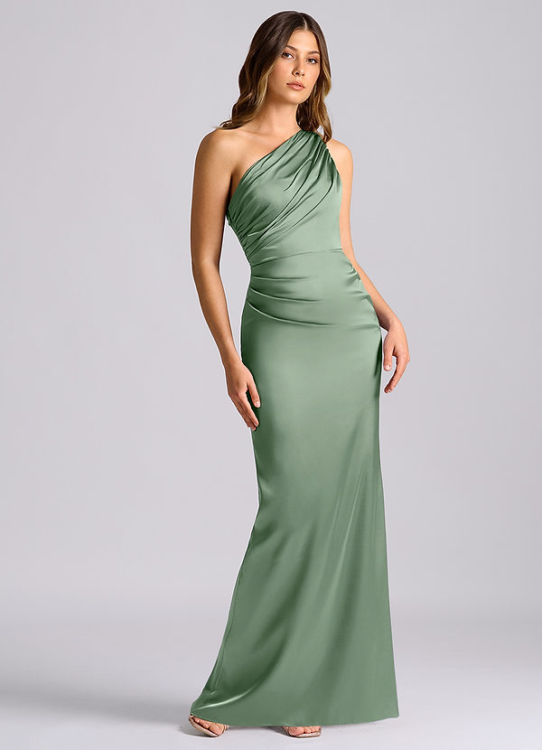 Azazie Akilah Bridesmaid Dresses Matcha Mermaid One Shoulder Stretch Satin Dress image1