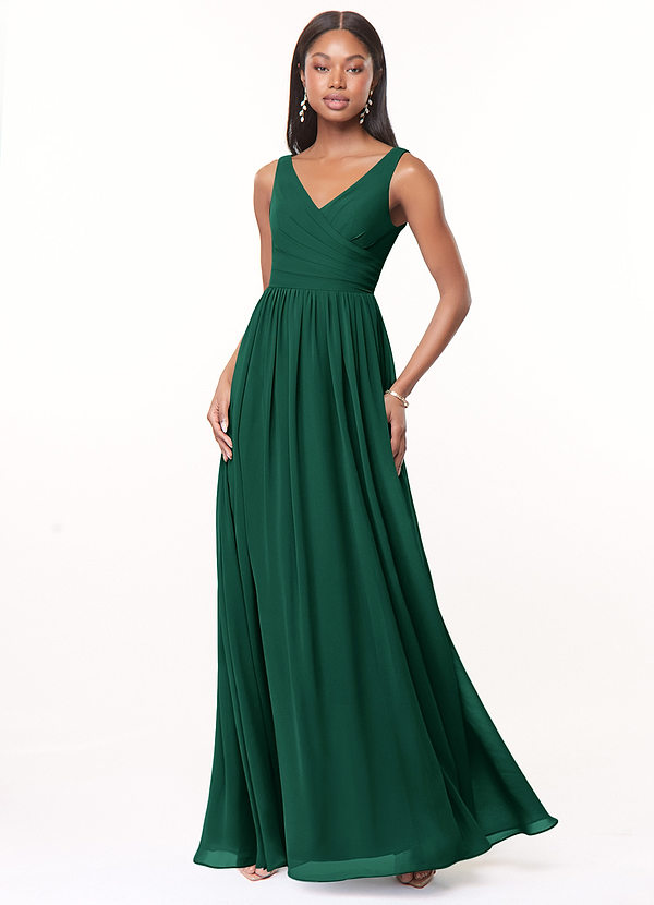 Azazie Keyla Bridesmaid Dresses Emerald A-Line V-Neck Pleated Chiffon Dress image1