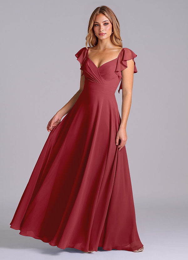 Azazie Leilani Bridesmaid Dresses Pomegranate A-Line Pleated Chiffon Dress image1