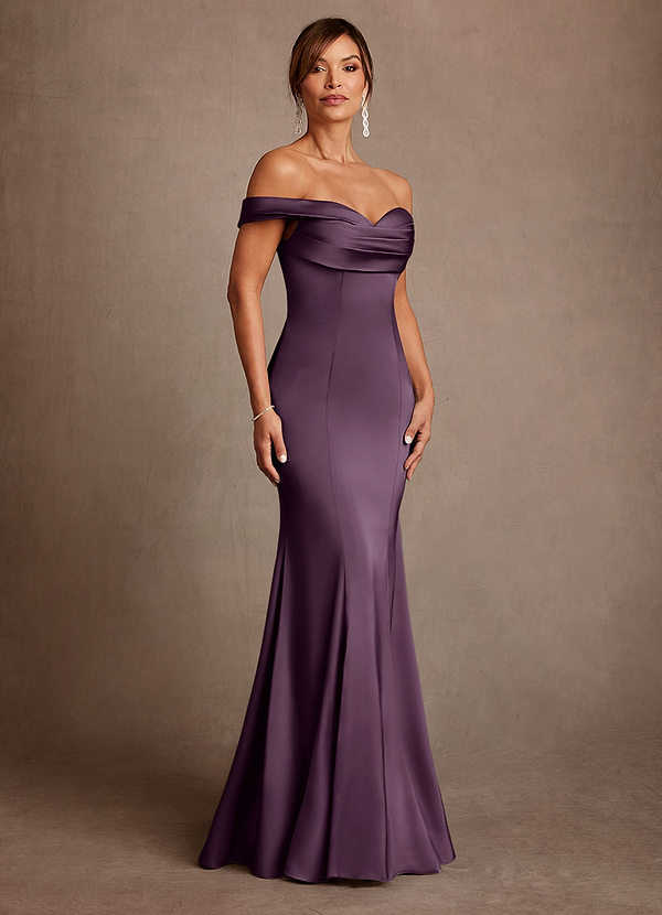 Azazie Boone Mother of the Brides Dresses Plum Mermaid Off the Shoulder Stretch Satin Dress image1