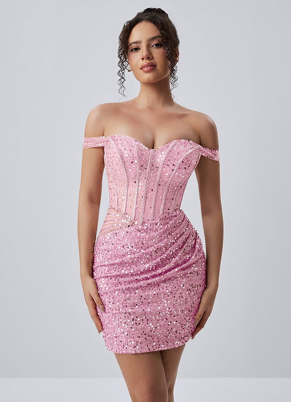 Valentinella Roze Korset mini-jurk met paillettenborduursel, kralen en mesh image1