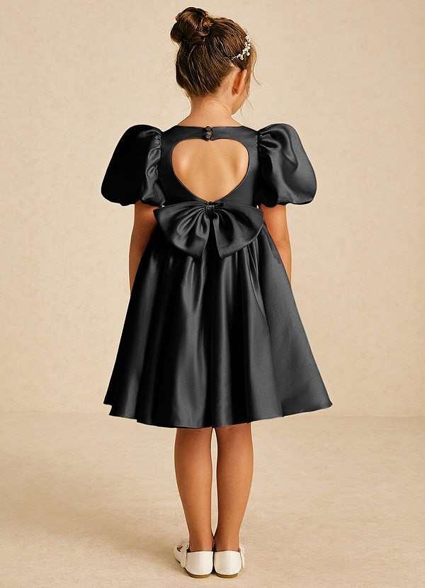 Azazie Muffin Flower Girl Dresses Black A-Line with Sleeves Matte Satin Dress image1