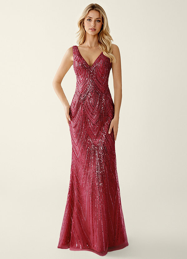 Hazelen Solid Burgundy V-Neck Sequined Open Back Prom Dress image1