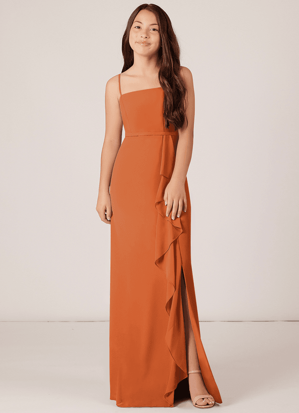 Azazie Kaylee Junior Cinnamon A-Line with Belt Chiffon Dress image1