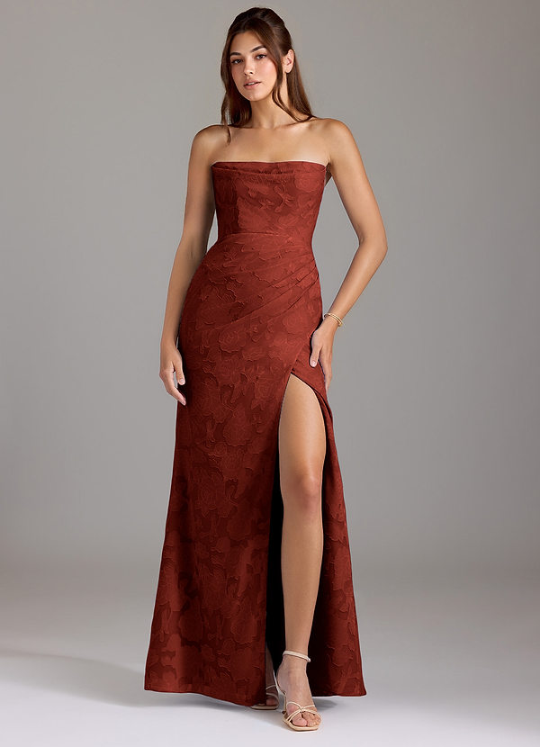 Azazie Leonis Bridesmaid Dresses Terracotta Sheath Strapless Floral Burnout Convertible Dress image1