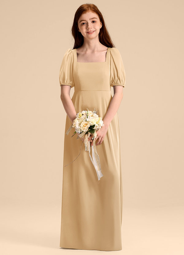 Azazie Briar Junior Gold A-Line Bow Stretch Satin Dress image1