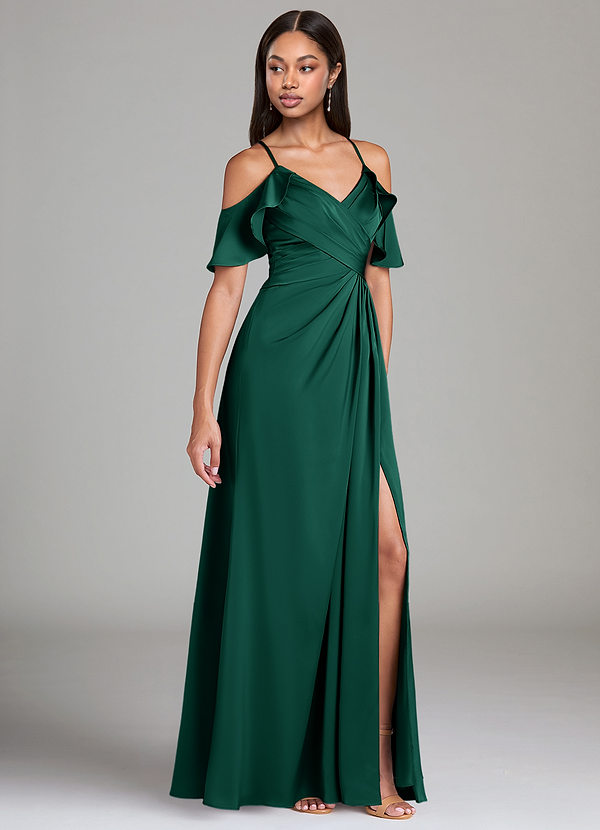 Azazie Dakota Bridesmaid Dresses Emerald A-Line Off the Shoulder Stretch Satin Dress image1