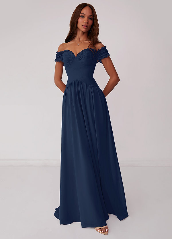 Barbie ♥ Azazie Brautjungfernkleider Wandelbar A-Linie Schulterfrei Chiffon Kleid Dunkelmarine image1