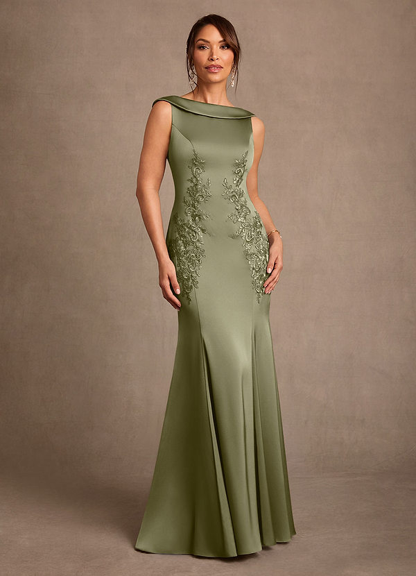 Azazie Franny Mother of the Bride Dresses Vestido Pistache de Cetim elástico de Bainha com Renda image1