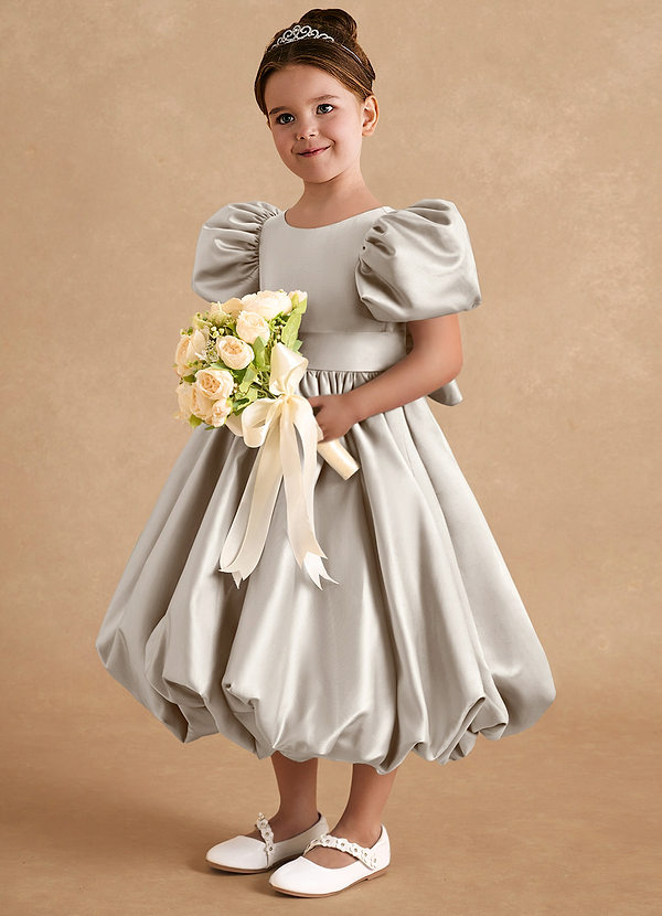 Azazie Jellybean Flower Girl Dresses Frost Ball-Gown Ruched Matte Satin Dress image1
