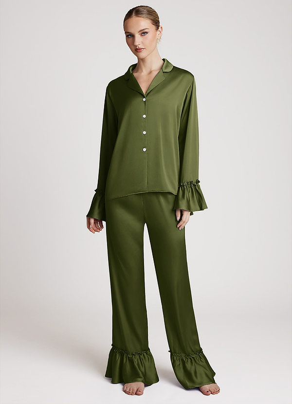 front Olive Lightweight Satin Ruffle Pajama Set