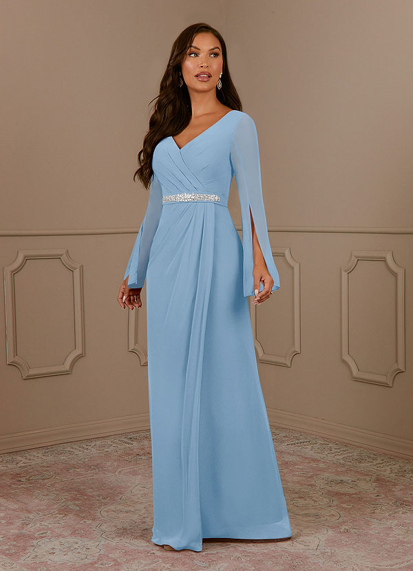 Azazie Belinda Vestidos para la madre de la novia Vestido de Azul Pálido de Gasa de Corte en A con Cuello en V Plisado image1