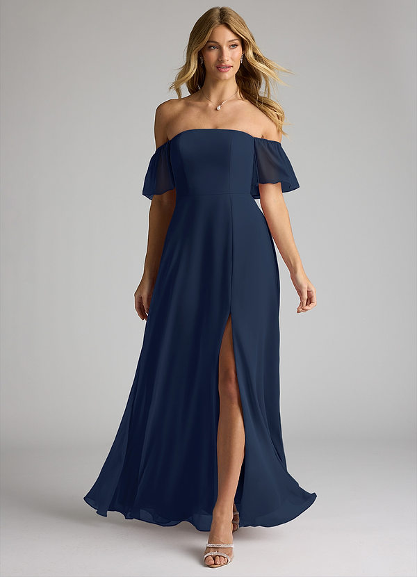 Azazie Sue Vestidos Dama de Honor Vestido de Azul Marino Oscuro de Gasa de Corte en A Convertible con Vestidos sin tirantes image1