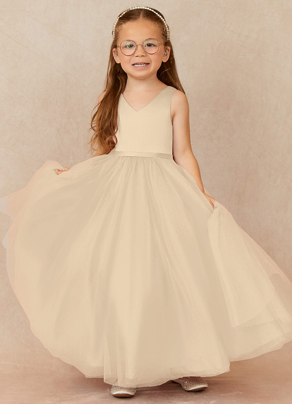 Azazie Marybell Flower Girl Dresses Champagne A-Line Bow Tulle Dress image1