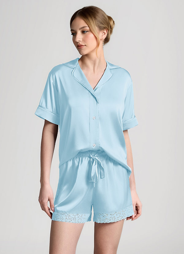 front Sky Blue Satin Lace Trim Short Sleeve Pajama Set