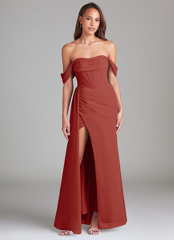 Azazie Amyra Robes Demoiselle d'honneur Robe Fourreau Convertible en Mousseline de soie Épaule décolletée Terracotta image1