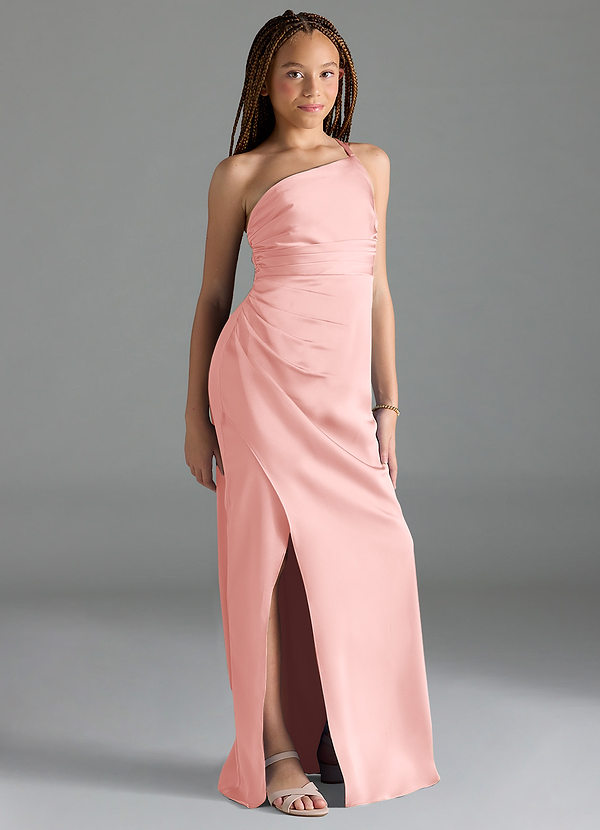 Azazie Eren Junior Powder Pink Sheath Pleated Stretch Satin Dress image1