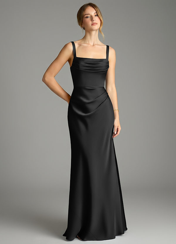 Azazie Alouette Bridesmaid Dresses Black Mermaid Pleated Stretch Satin Dress image1